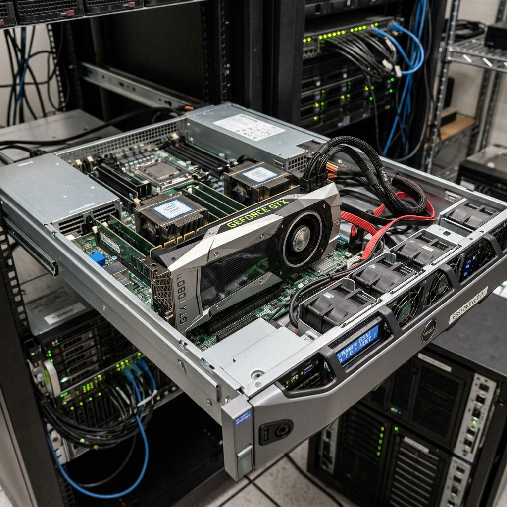 Open server chassis showing GTX 1080 Ti graphics card and dual Intel CPUs on motherboard